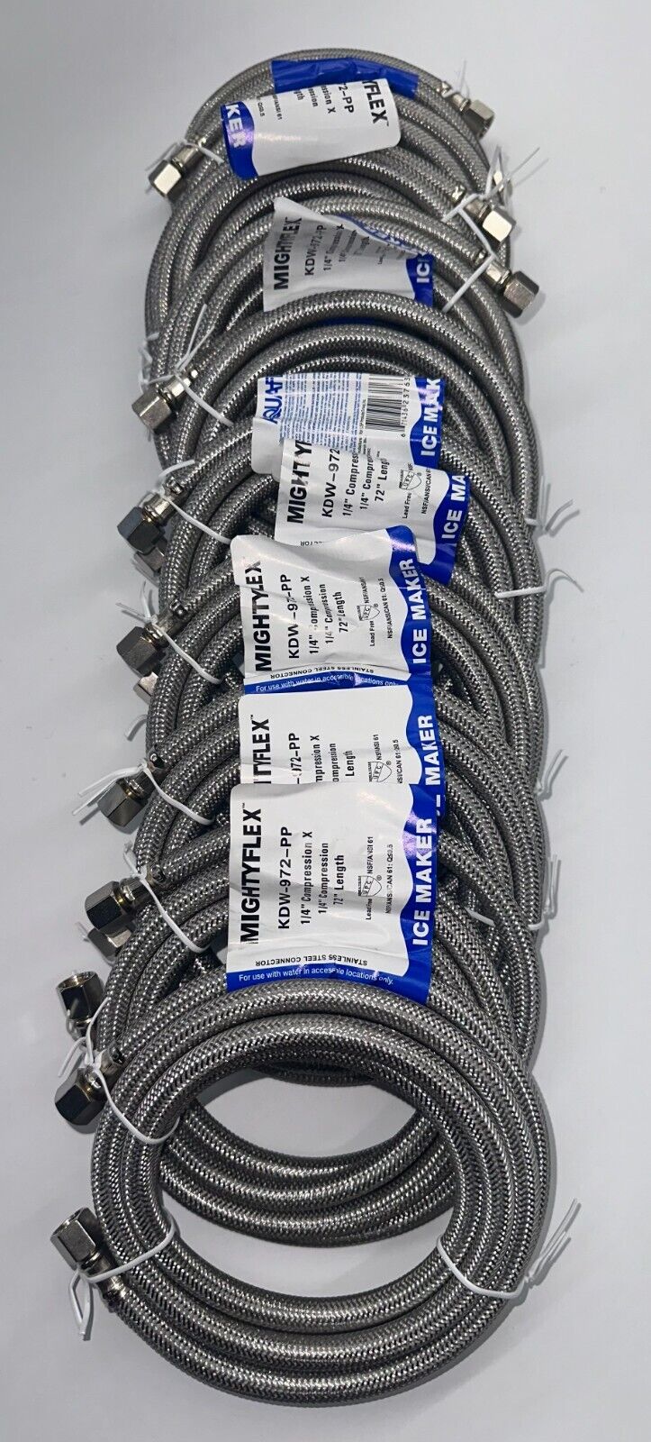 10 Pack LSP AquaFlo MightyFlex SS Ice Maker Connector 1/4”x1/4, 60 or 72" Length