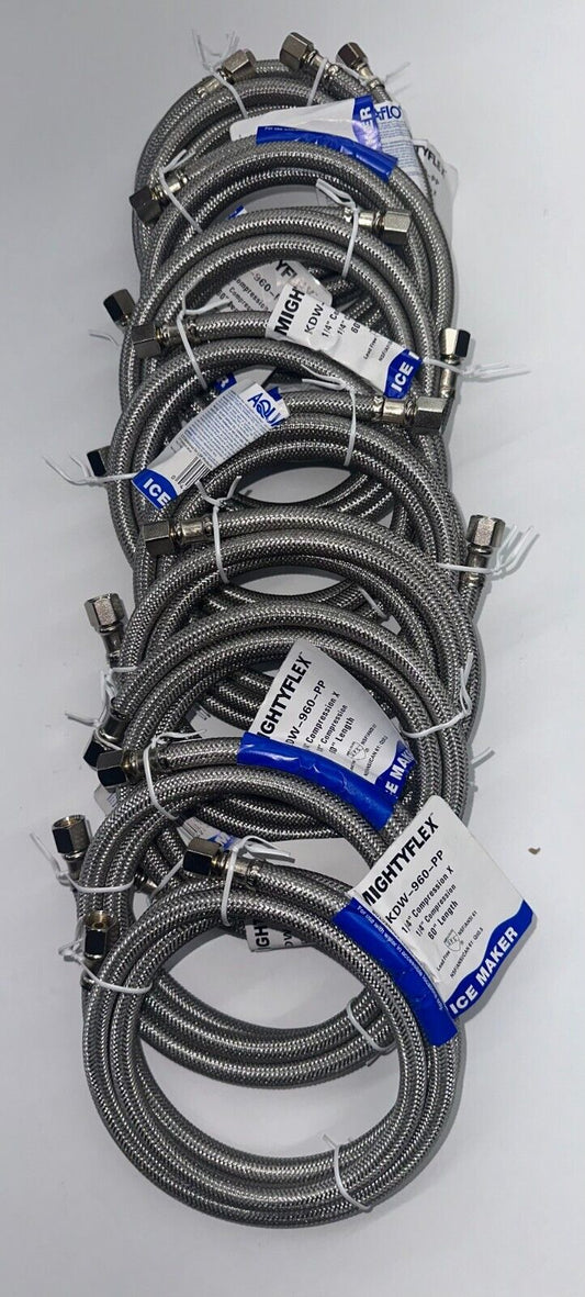 10 Pack LSP AquaFlo MightyFlex SS Ice Maker Connector 1/4”x1/4, 60 or 72" Length