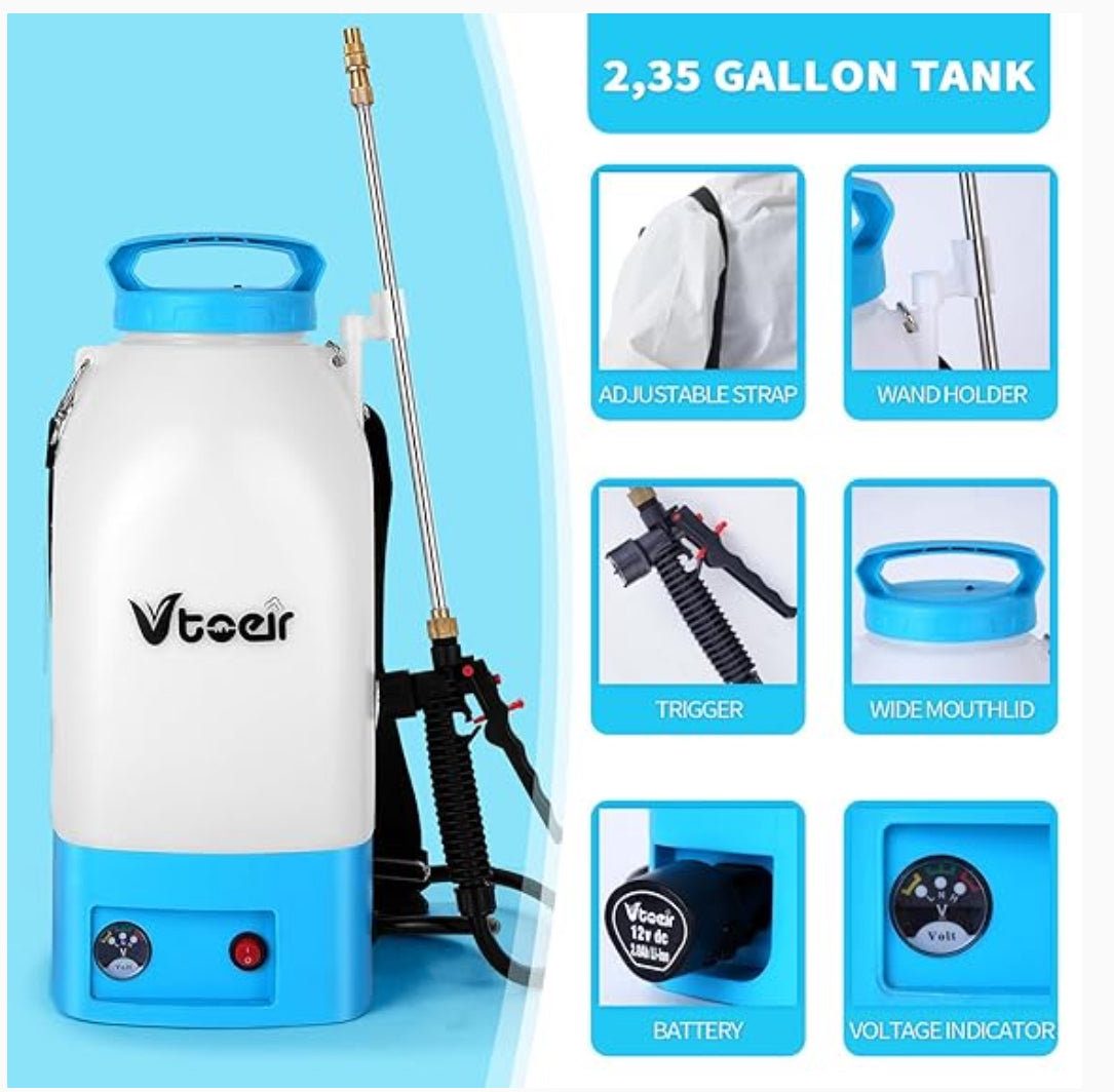 Vtoeir 9L/2.35Gal Battery Powered Sprayer 12V battery & charger, Shoulder Strap-New!