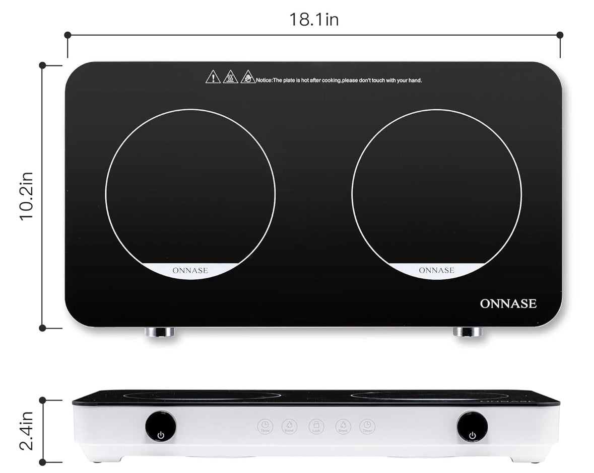 Two Burner Induction Cooktop 1800W 120V, w/8 Temp-Power Levels, Kid Lock & Timer
