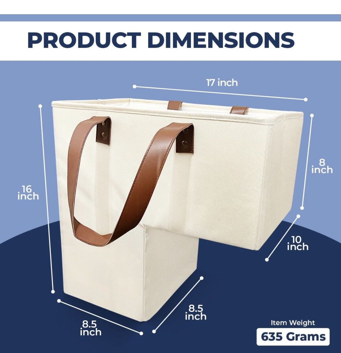 Collapsible Canvass Oxford Stair Basket With Leather Handles, Light Beige-NEW!!