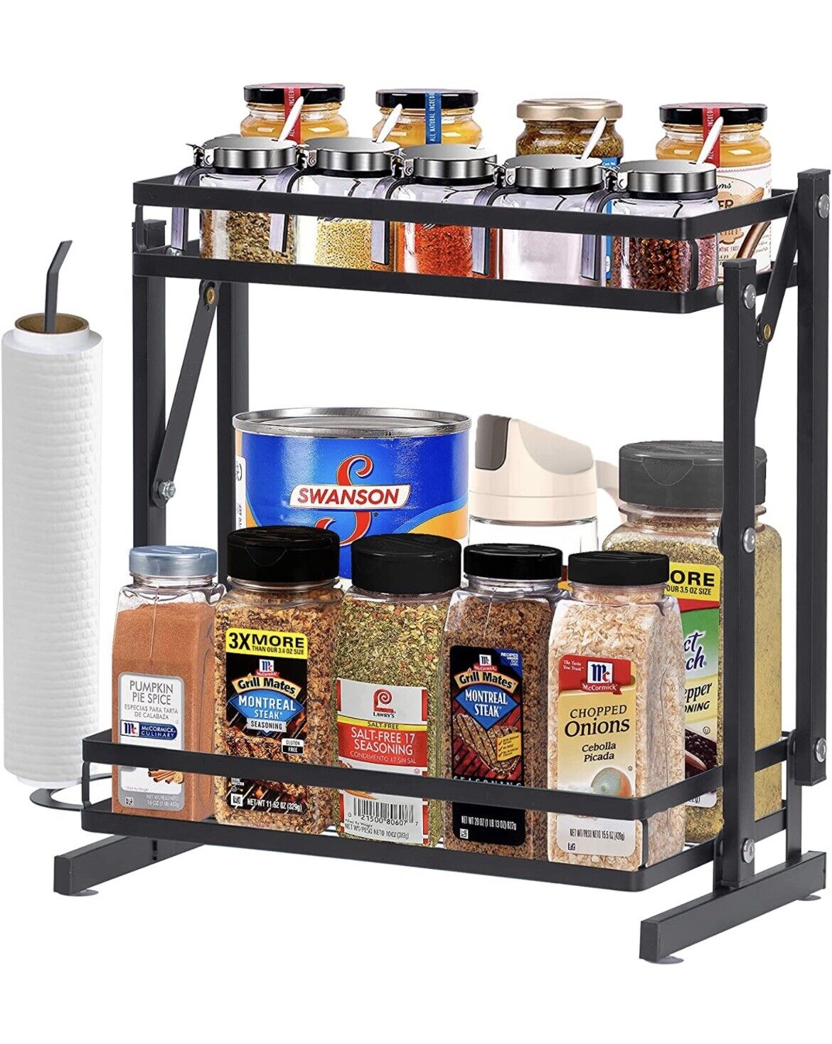 2 Tier Kitchen Bathroom Organizer Spice Rack With Paper Towel Holder