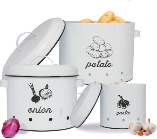 3-in-1 Large White Potato, Onion & Garlic Tin Storage Canisters