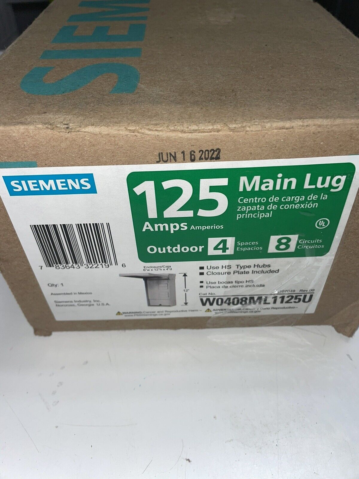 Siemens W0408ML1125U 120/240V 125A 100KA 1-Phase Main Lug Load Center with Bus