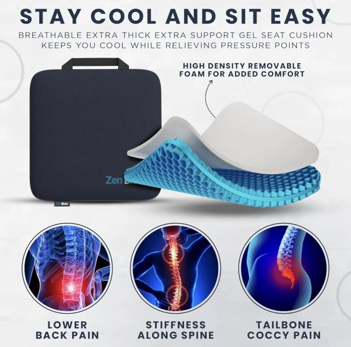 Zen Bloks XL Extra Thick Gel Seat Cushion for Extended Sitting,19.5”x19.5”x1.95”