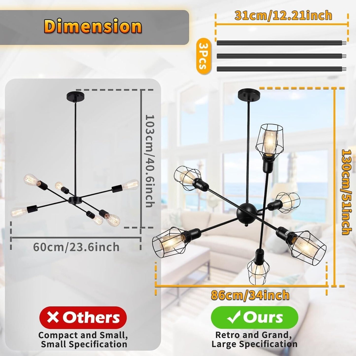 6-Light Farmhouse Industrial Island Pendant Light Fixture