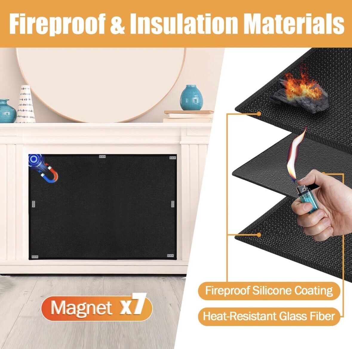Heat-Resistant Magnetic Fireproof Fireplace Cover - 45”x 34”