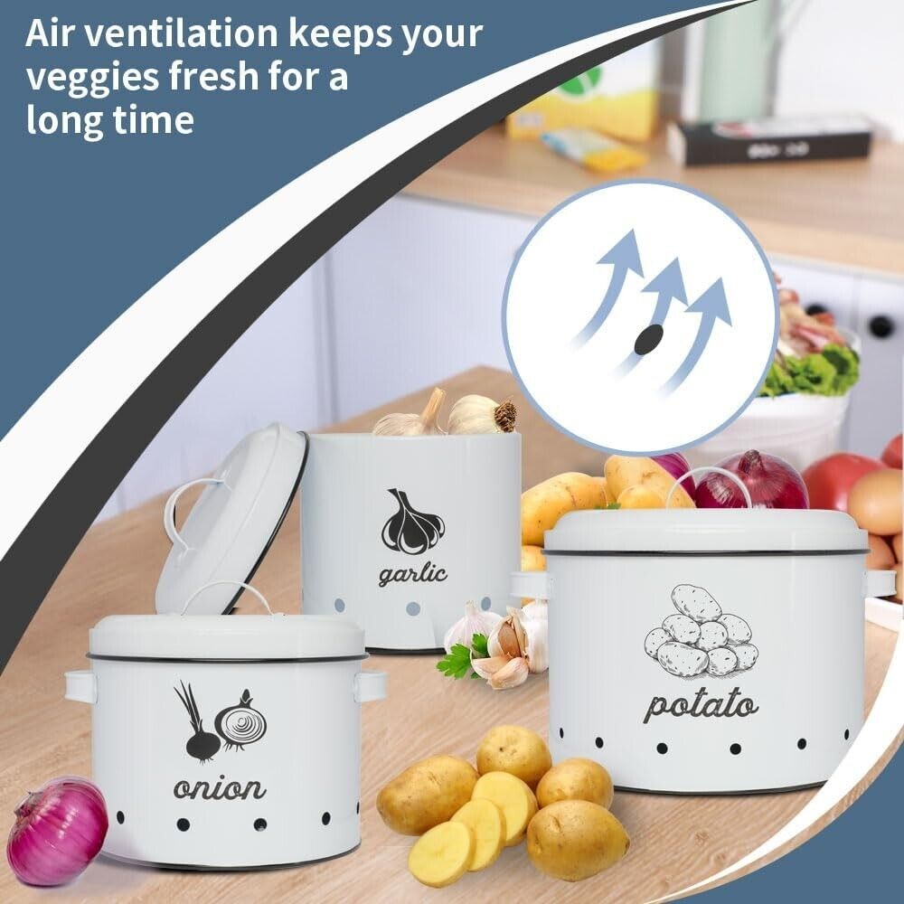3-in-1 Large White Potato, Onion & Garlic Tin Storage Canisters