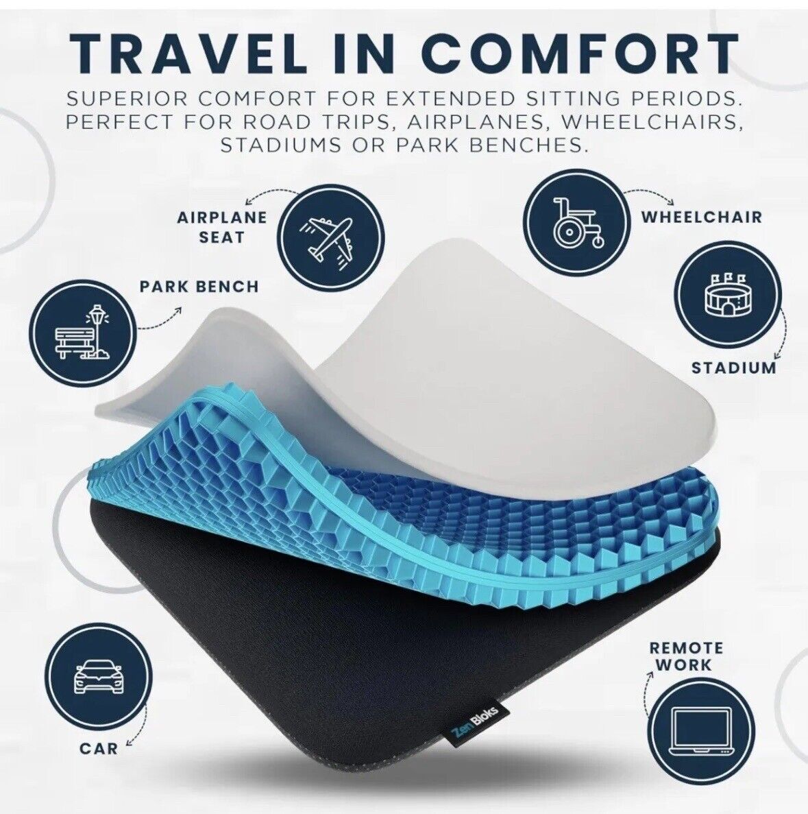 Zen Bloks XL Extra Thick Gel Seat Cushion for Extended Sitting,19.5”x19.5”x1.95”