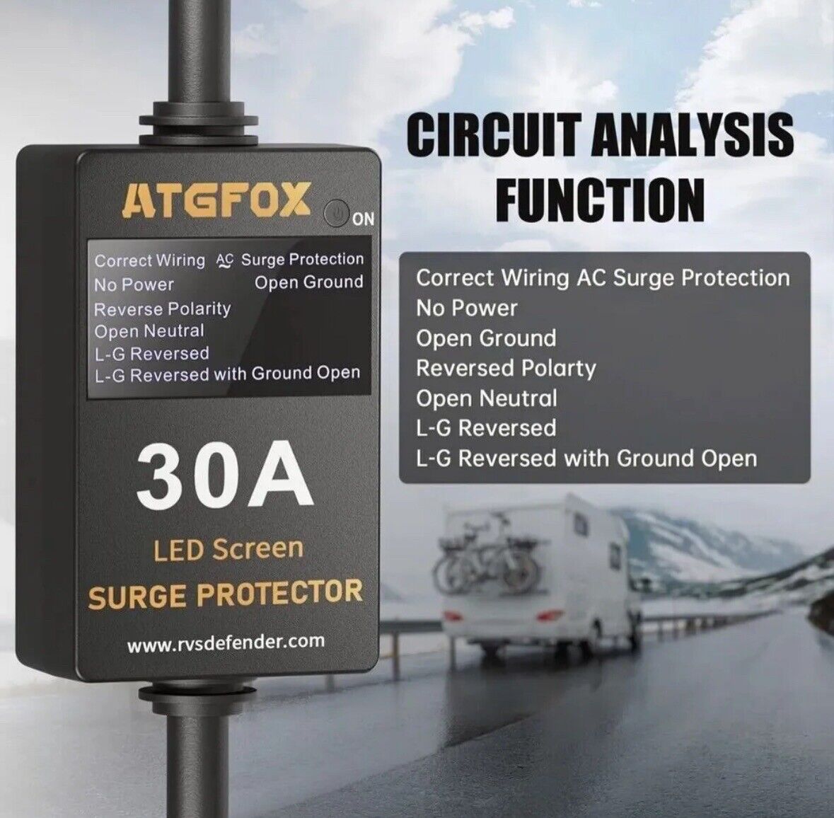 ATGFOX 30AMP RV Camper Surge Protector Waterproof Cover 3.5" LED Screen