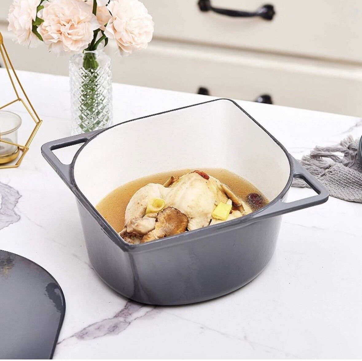 5 Quart Cast Iron Enameled Dutch Oven Modern Squoval Shaped Design, Gray