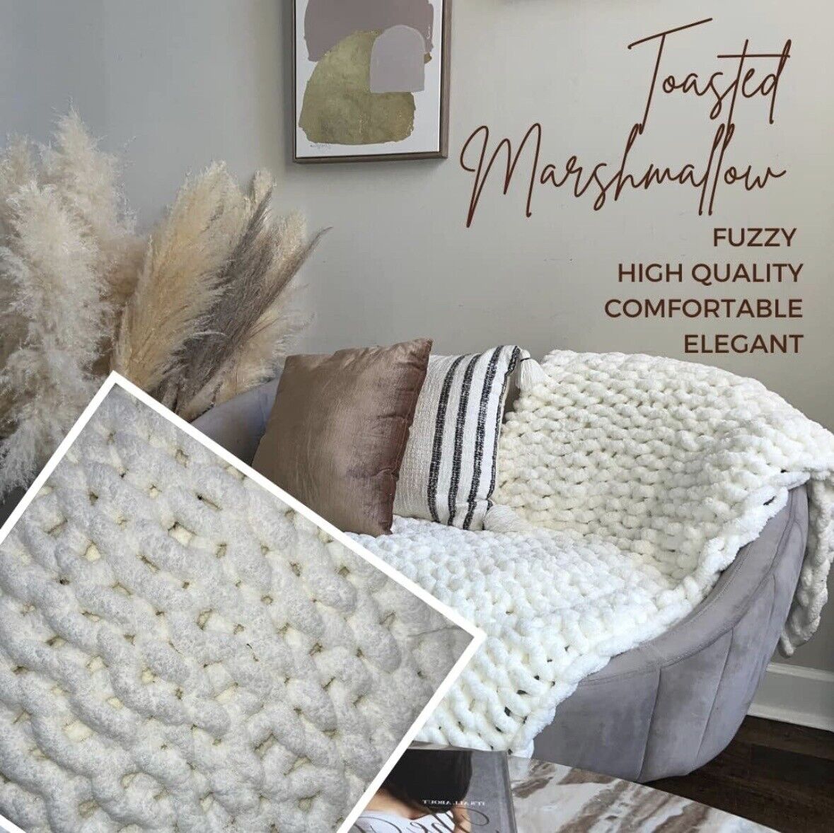 Kaffrey 50”x60” Chunky Knit Chenille Throw Blanket, Toasted Marshmallow-NEW!