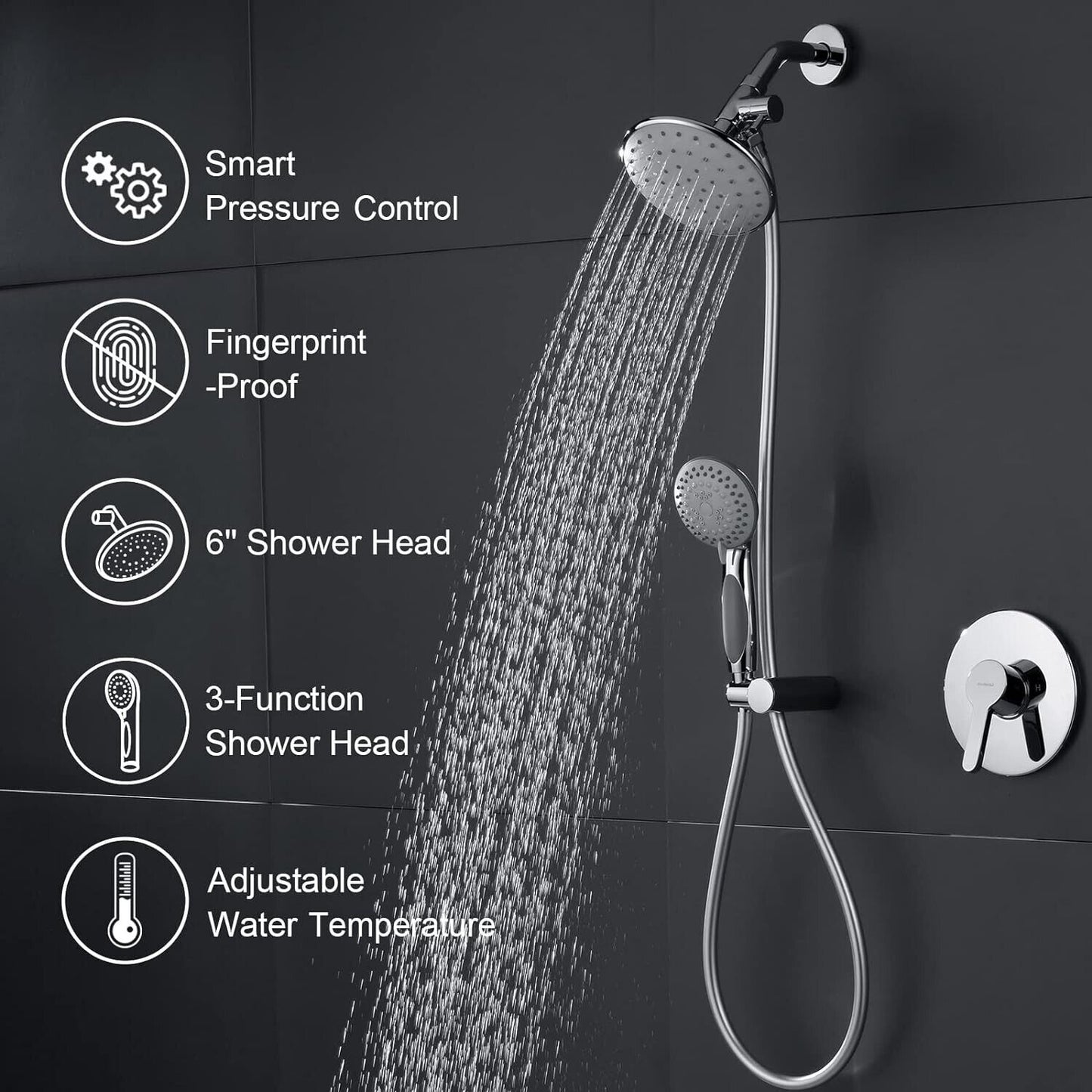 Lavatrum Polished Chrome Shower System, Valve Body6" Shower Head Handheld Shower