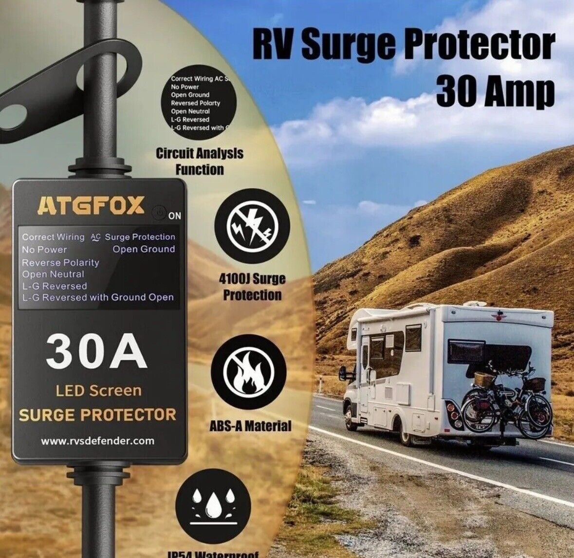 ATGFOX 30AMP RV Camper Surge Protector Waterproof Cover 3.5" LED Screen