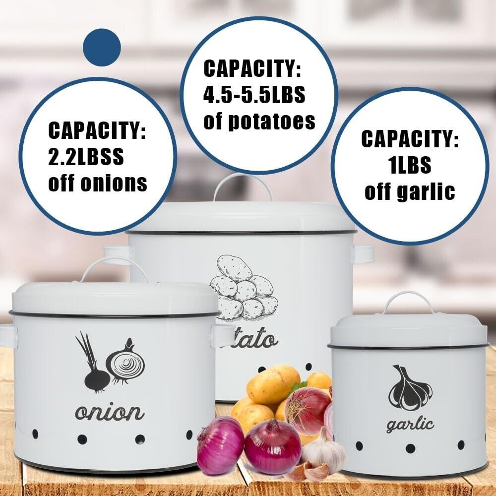 3-in-1 Large White Potato, Onion & Garlic Tin Storage Canisters