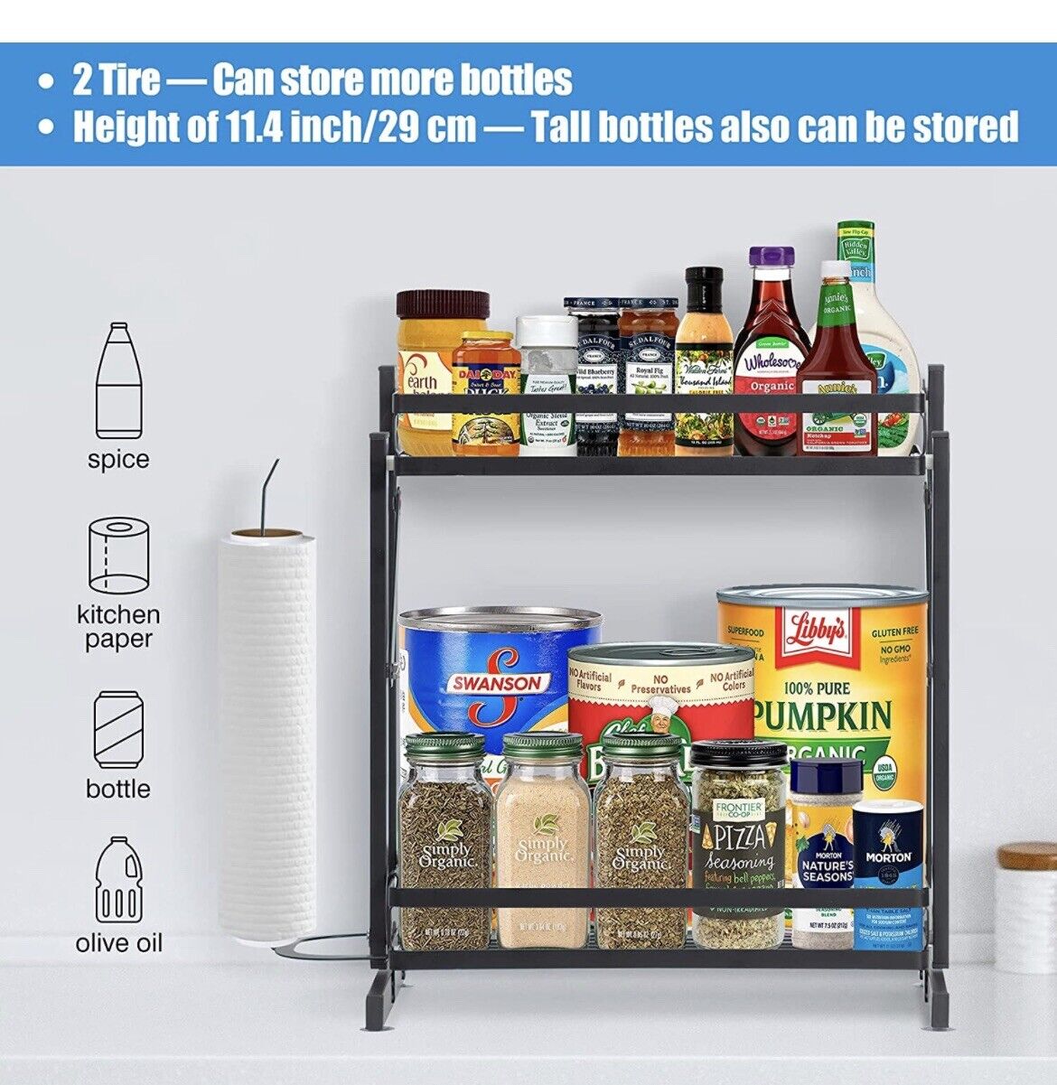 2 Tier Kitchen Bathroom Organizer Spice Rack With Paper Towel Holder