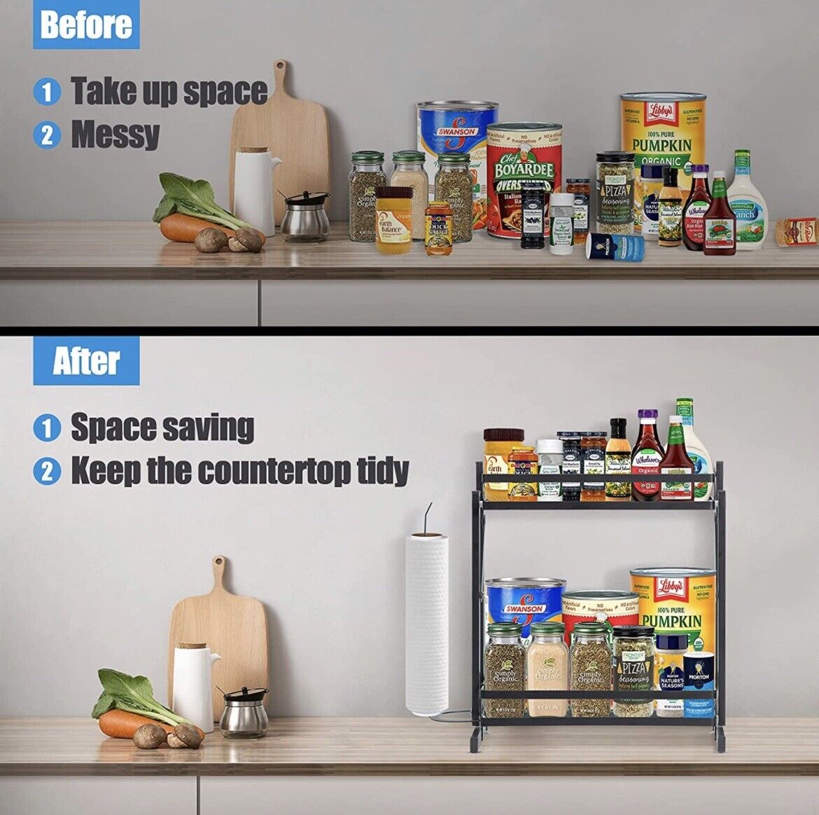 2 Tier Kitchen Bathroom Organizer Spice Rack With Paper Towel Holder