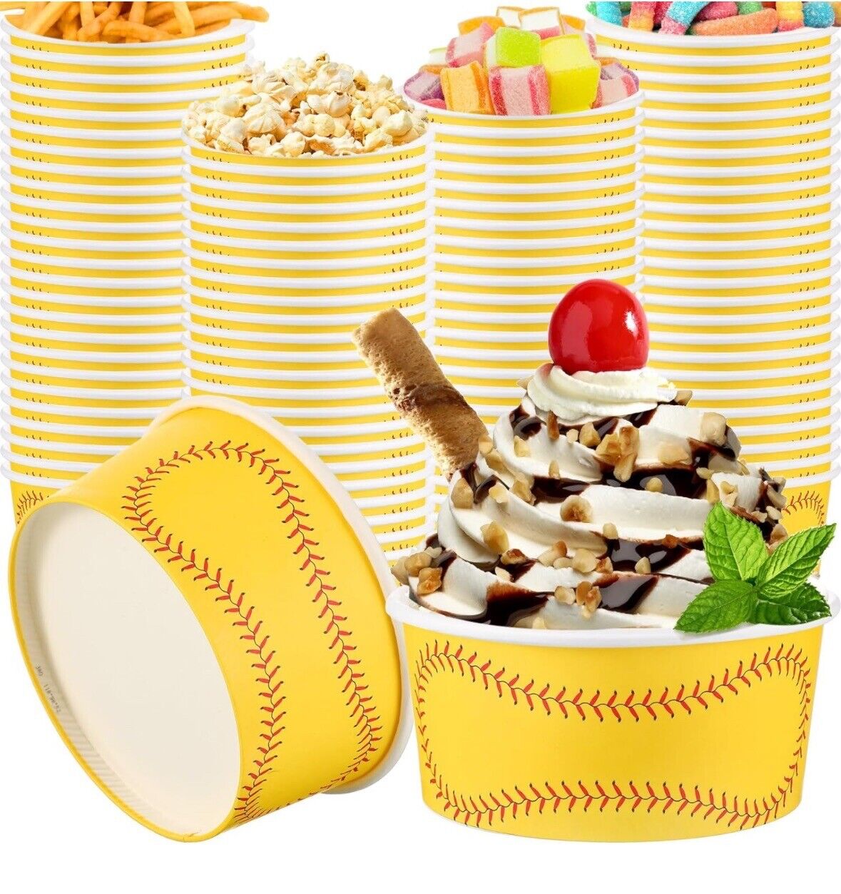 12oz Ice Cream Bowls 300 Count - Softball Themed Hot or Cold-Disposible