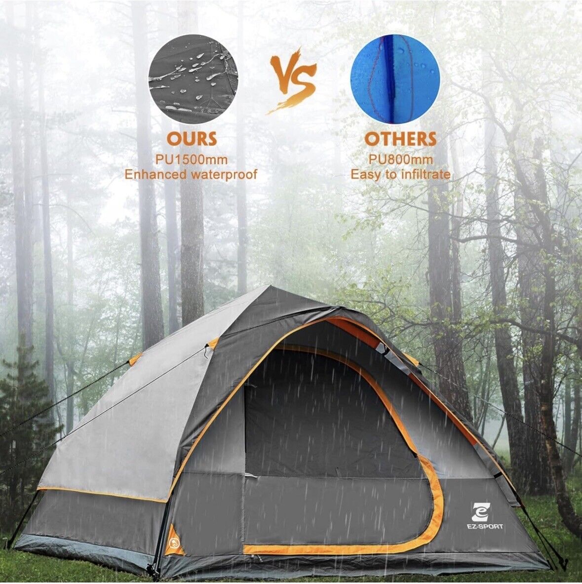 Ez-Sport Pop up Camping Tent - 4 Person Instant Easy Set up Family Tent with Rem