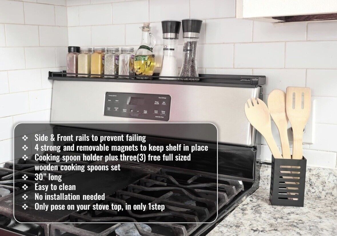 Magnetic Stove Spice Rack Organizer 30” Shelf For Stove With 3 Wood Utensils