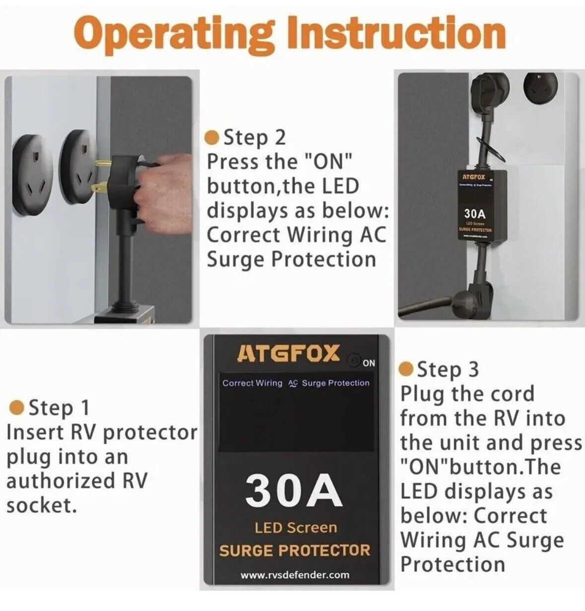 ATGFOX 30AMP RV Camper Surge Protector Waterproof Cover 3.5" LED Screen
