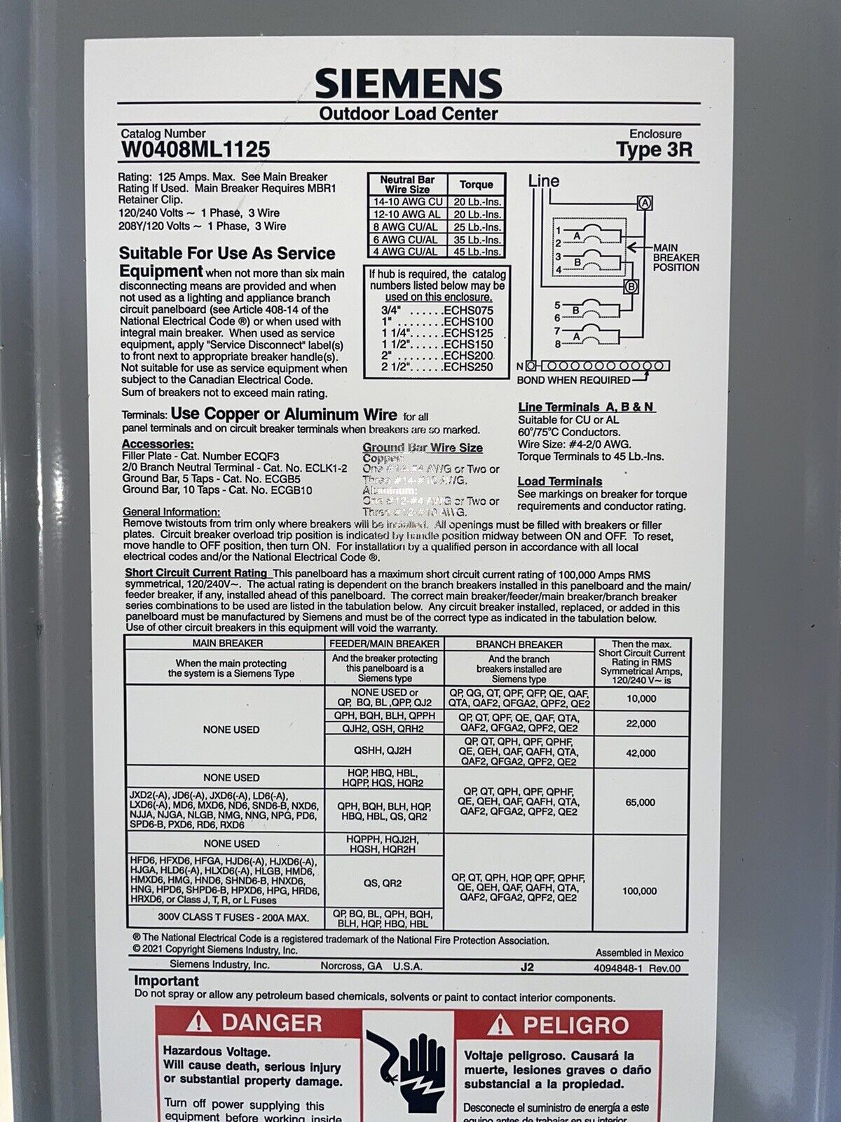 Siemens W0408ML1125U 120/240V 125A 100KA 1-Phase Main Lug Load Center with Bus