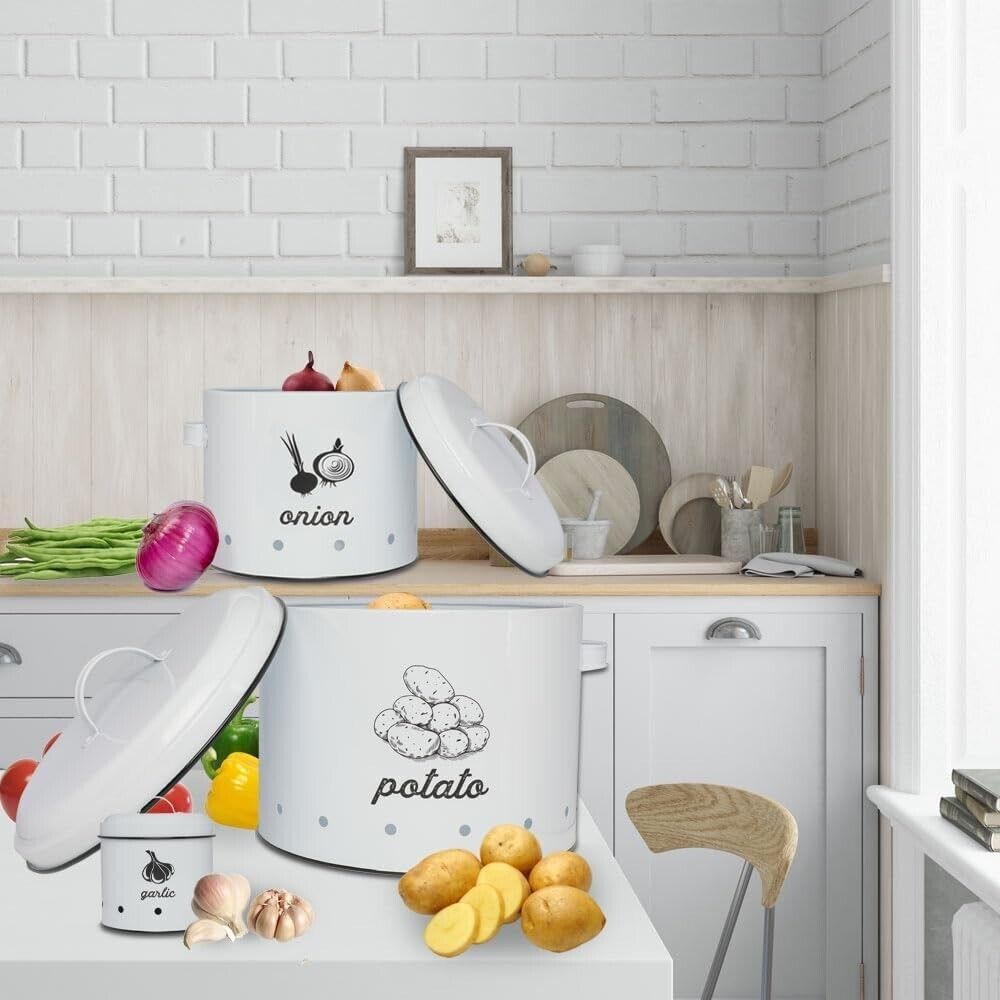 3-in-1 Large White Potato, Onion & Garlic Tin Storage Canisters