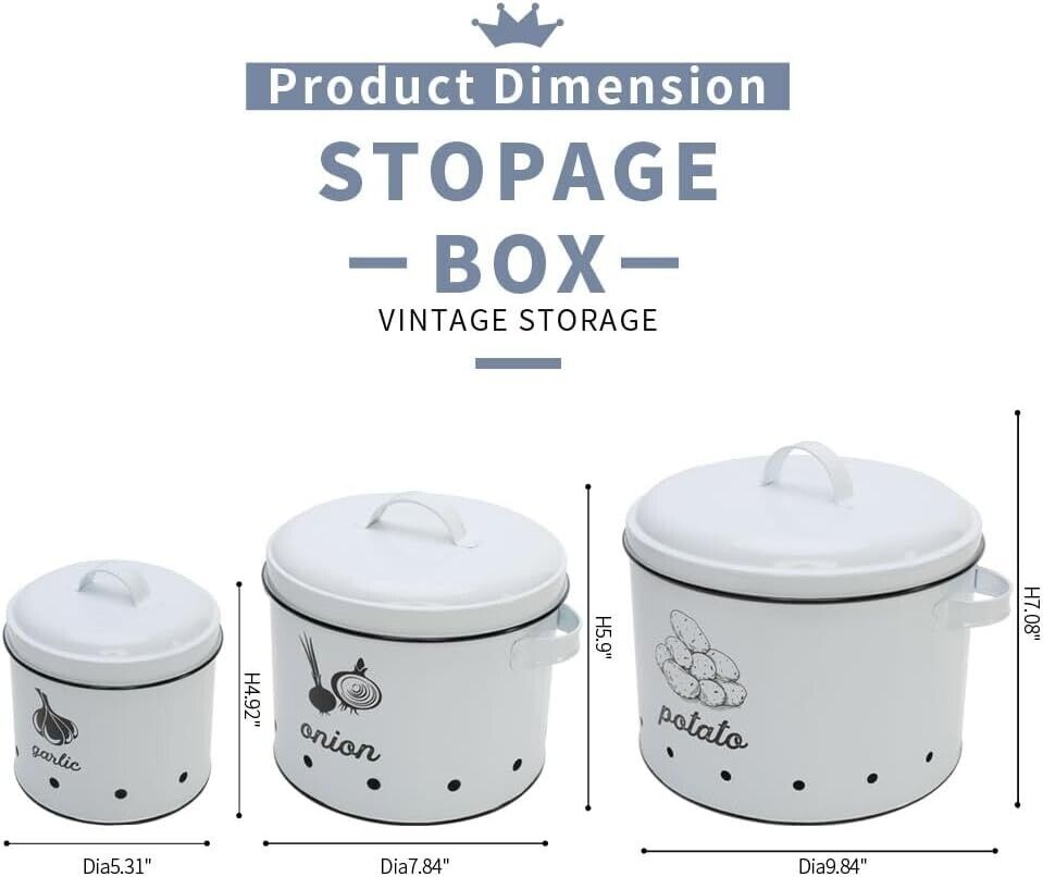 3-in-1 Large White Potato, Onion & Garlic Tin Storage Canisters