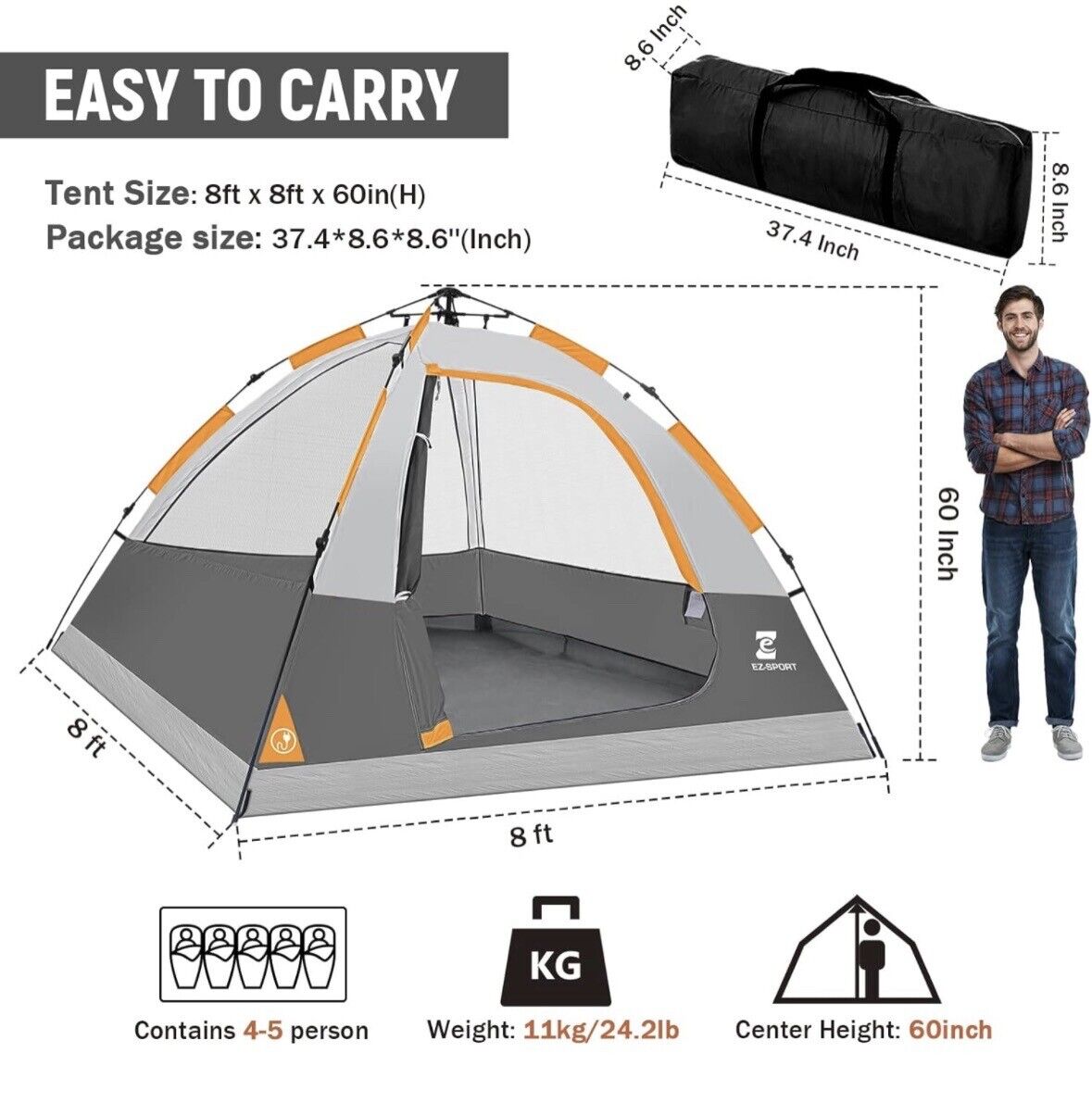 Ez-Sport Pop up Camping Tent - 4 Person Instant Easy Set up Family Tent with Rem