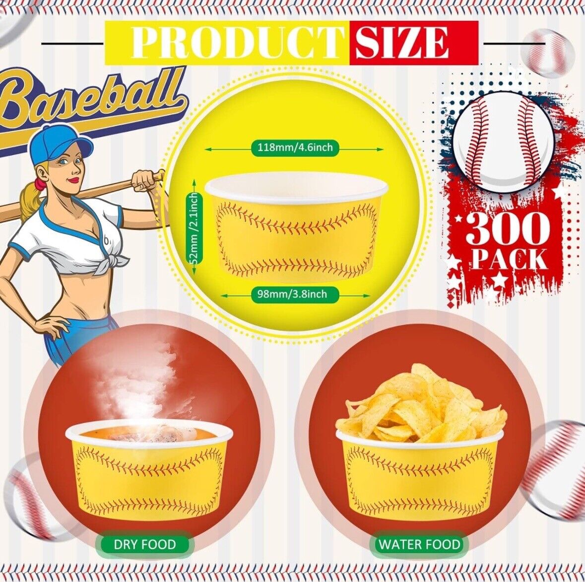 12oz Ice Cream Bowls 300 Count - Softball Themed Hot or Cold-Disposible