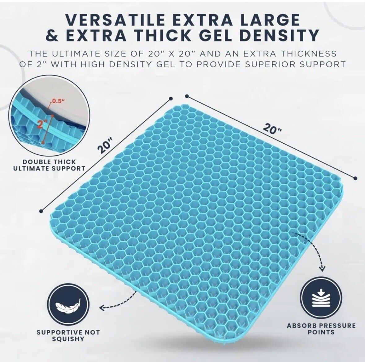 Zen Bloks XL Extra Thick Gel Seat Cushion for Extended Sitting,19.5”x19.5”x1.95”