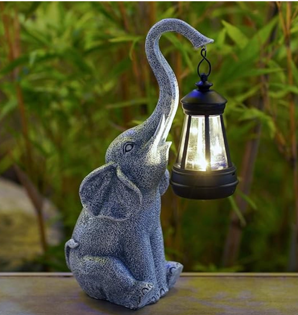 Elephant Statue for Garden Decor with Solar Outdoor Lights-11 Inch-Gray