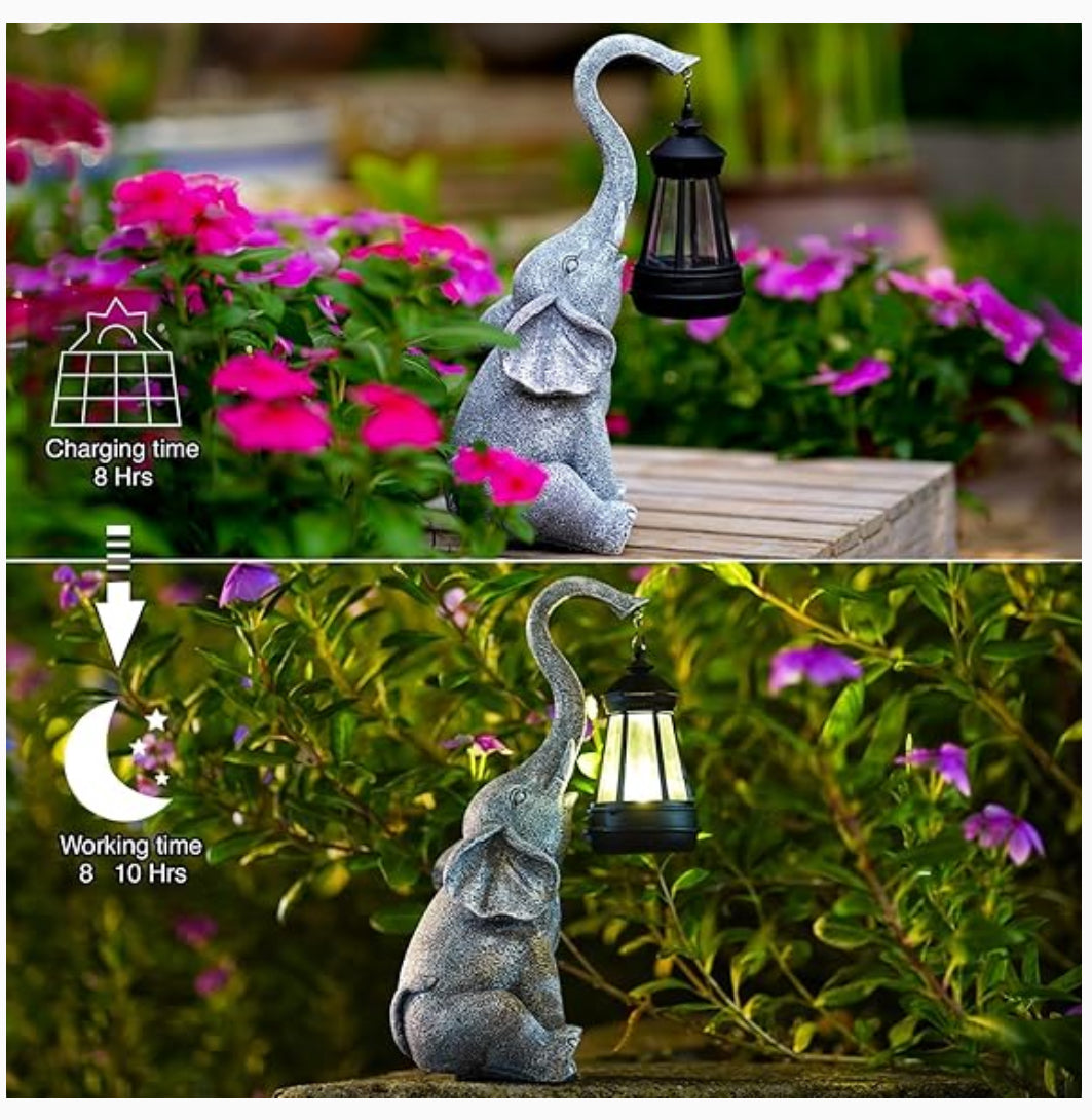 Elephant Statue for Garden Decor with Solar Outdoor Lights-11 Inch-Gray