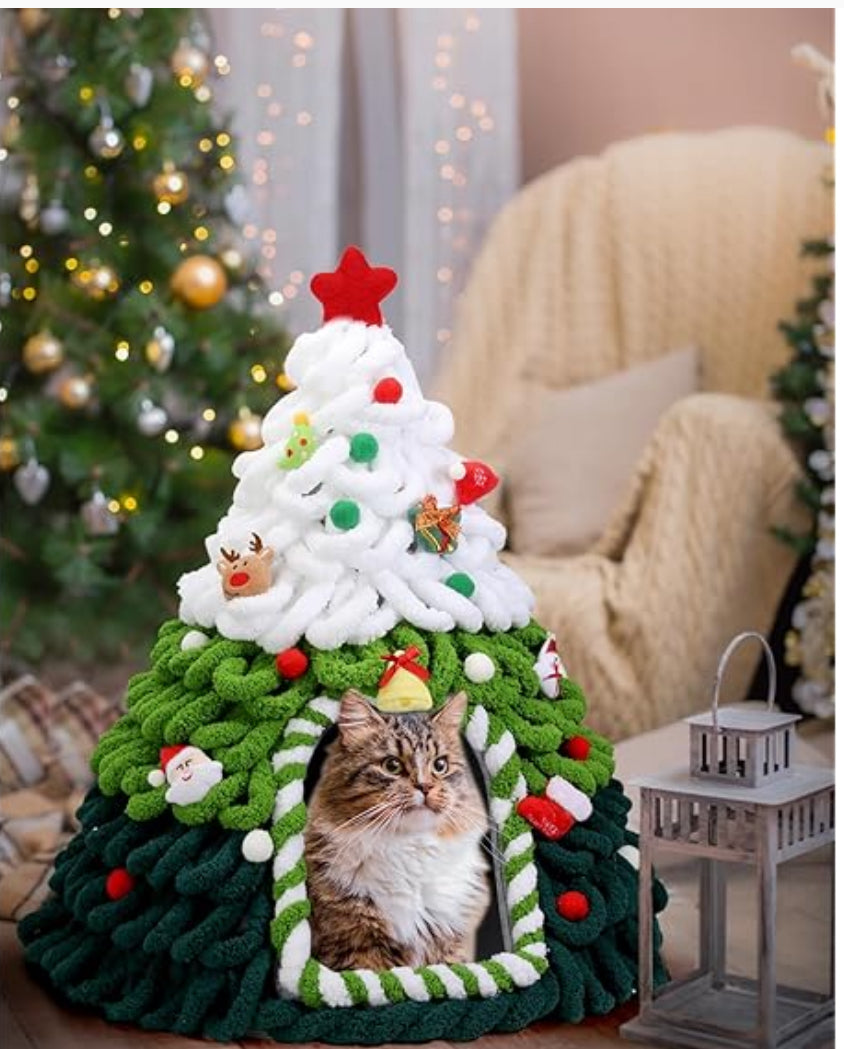 Christmas Cat House Tree DIY Ready To Assemble Knit Warm Nest  20”x24”