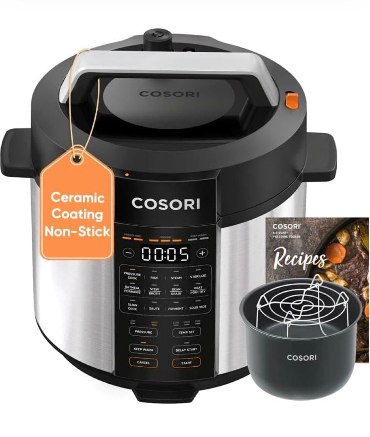 COSORI Pressure Cooker 6QT, Stainless Steel, 9-in-1 Multi Cooker, 12 Safety Features, Ceramic Inner Pot, Rice, Slow Cook, Sous Vide, Saute, 1100W