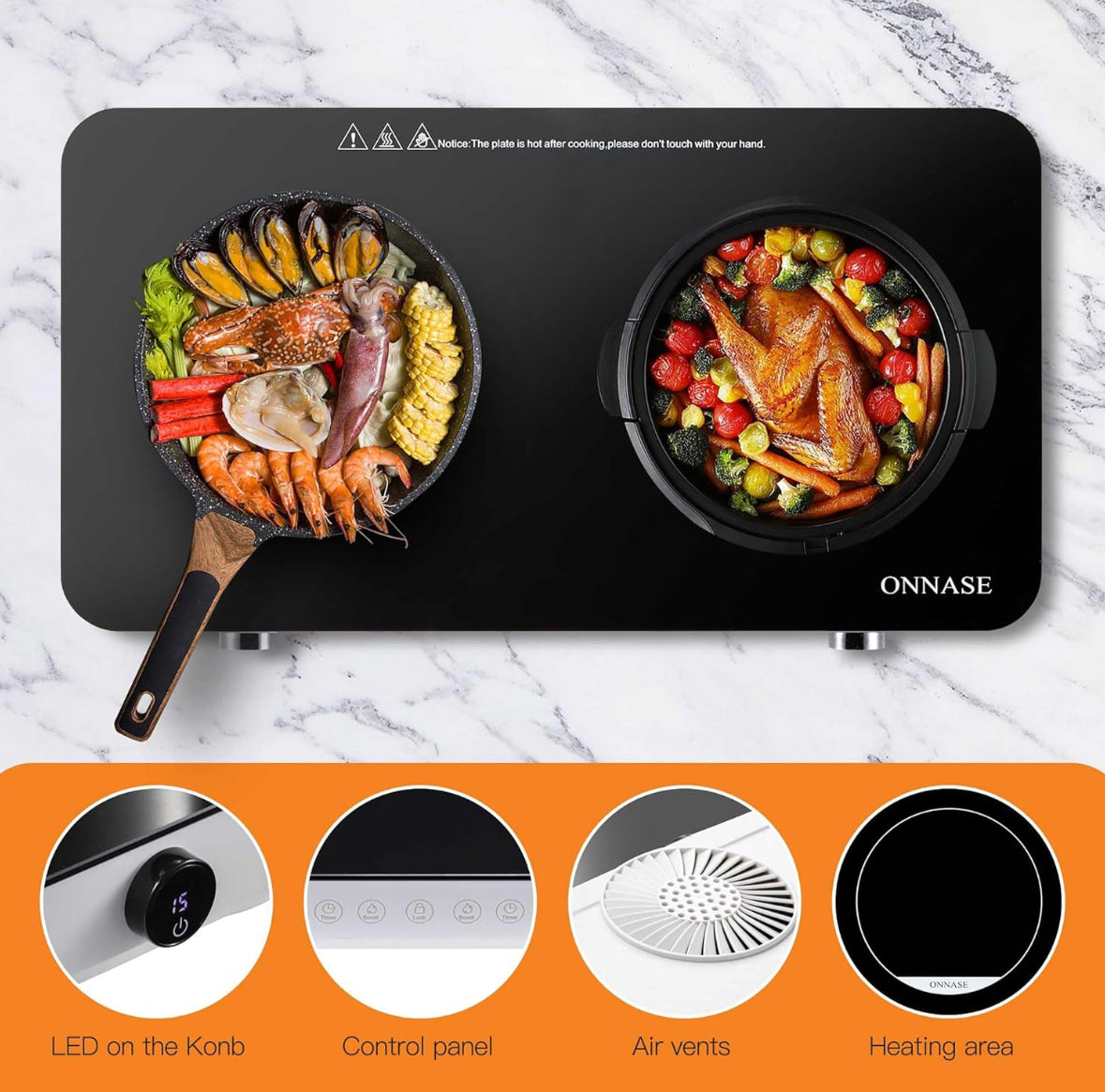 Two Burner Induction Cooktop 1800W 120V, w/8 Temp-Power Levels, Kid Lock & Timer