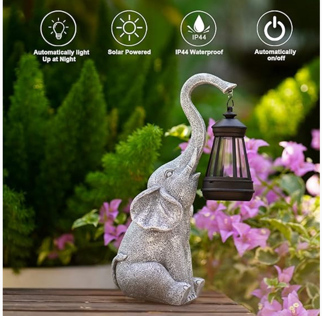 Elephant Statue for Garden Decor with Solar Outdoor Lights-11 Inch-Gray