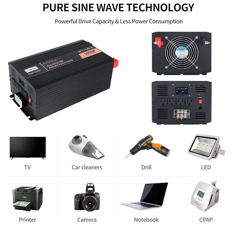 Pure Sine Wave Power Inverter 3500W DC12V to AC120V w/LCD Display + Remote-NEW!