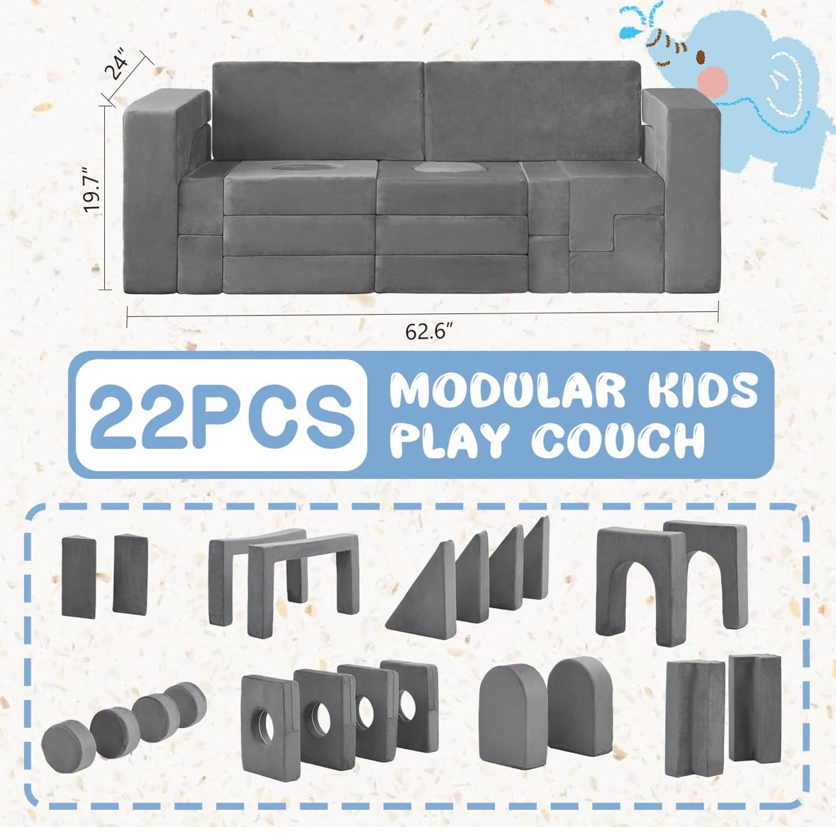 22Pcs Modular Play Couch, Floor Sofa 1000+DIY Creativing Playroom Furniture-New!