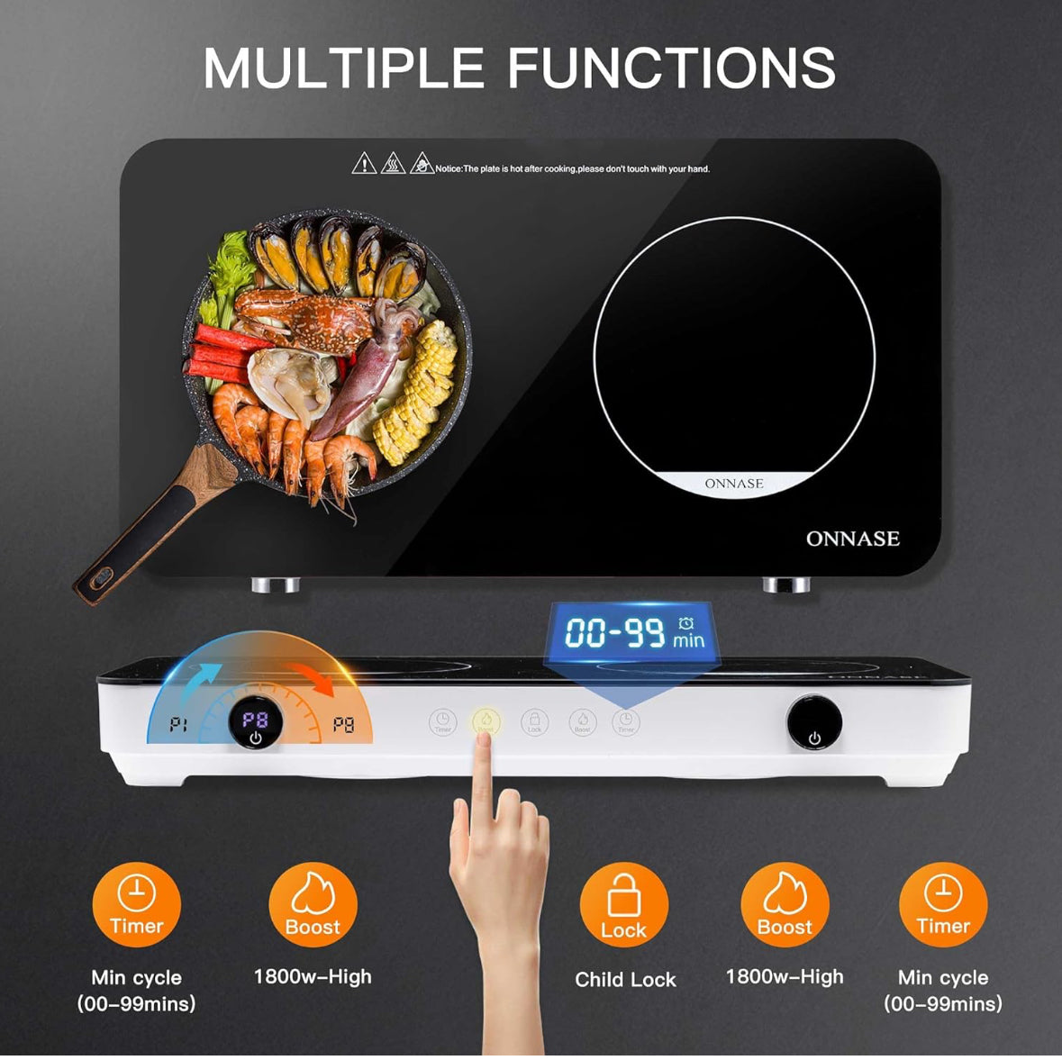 Two Burner Induction Cooktop 1800W 120V, w/8 Temp-Power Levels, Kid Lock & Timer