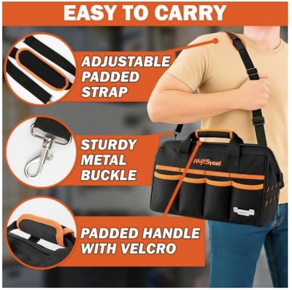 AV Steel Tool Bag — 15in., 16 Pockets, Heavy-Duty Oxford 1680D, Waterproof, Adjustable Shoulder Strap, Model# AV-700100