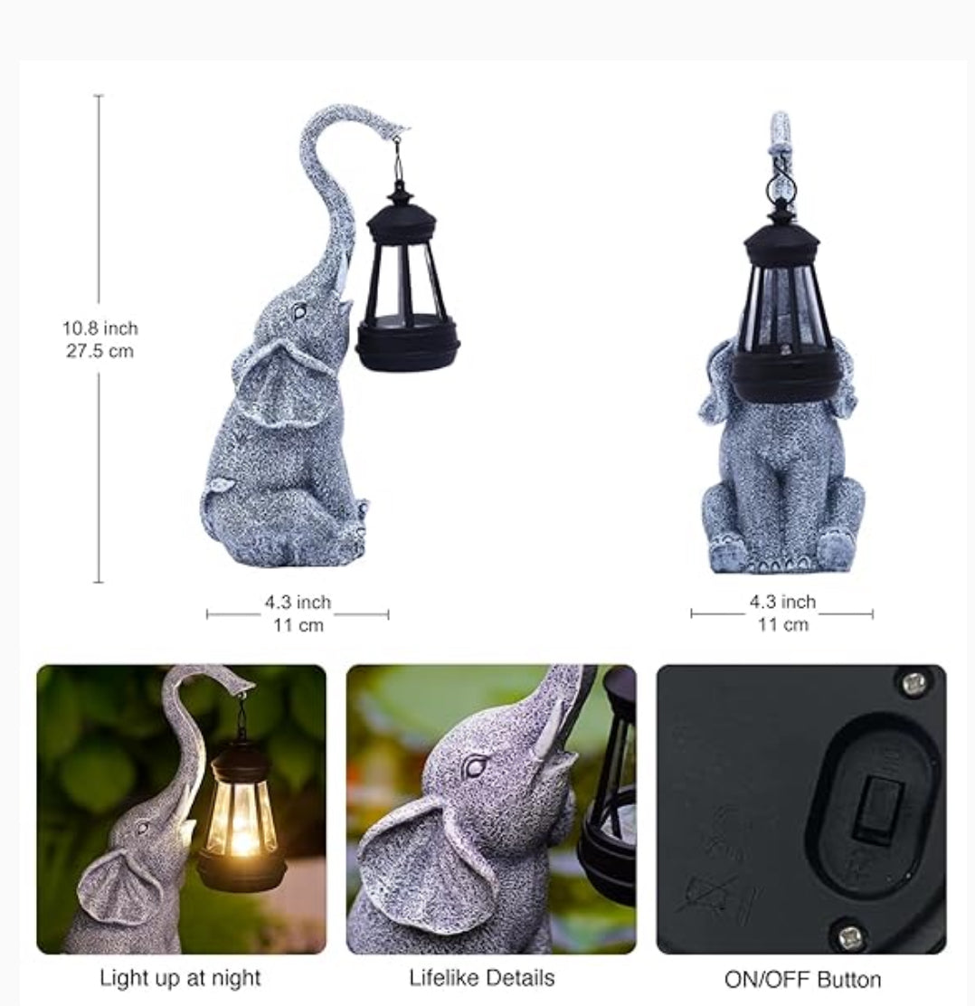 Elephant Statue for Garden Decor with Solar Outdoor Lights-11 Inch-Gray