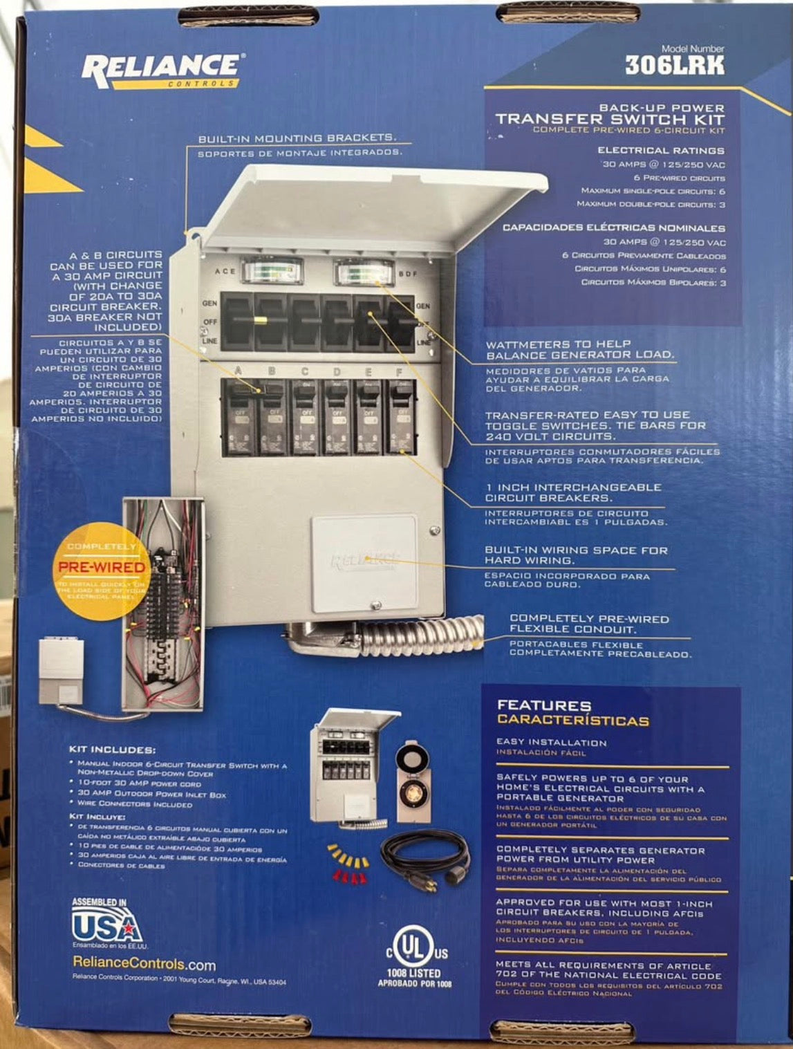 Reliance Back-Up Power Transfer Switch/ For Up to 8000 Watt Generator 306LRK-NEW!!