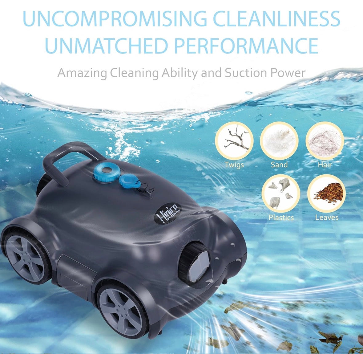 Hinice Cordless Robotic Pool Cleaner Automatic Vacuum 150 Min 2200 SqFt Dark Gray-NEW!