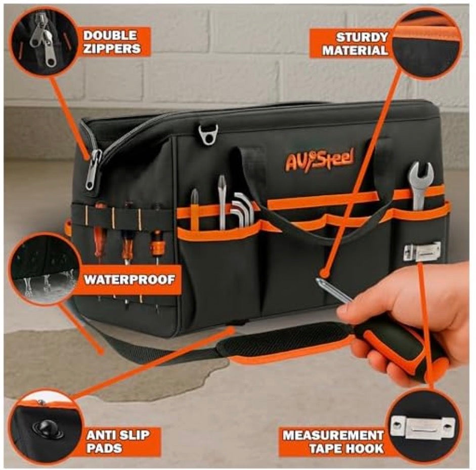 AV Steel Tool Bag — 15in., 16 Pockets, Heavy-Duty Oxford 1680D, Waterproof, Adjustable Shoulder Strap, Model# AV-700100