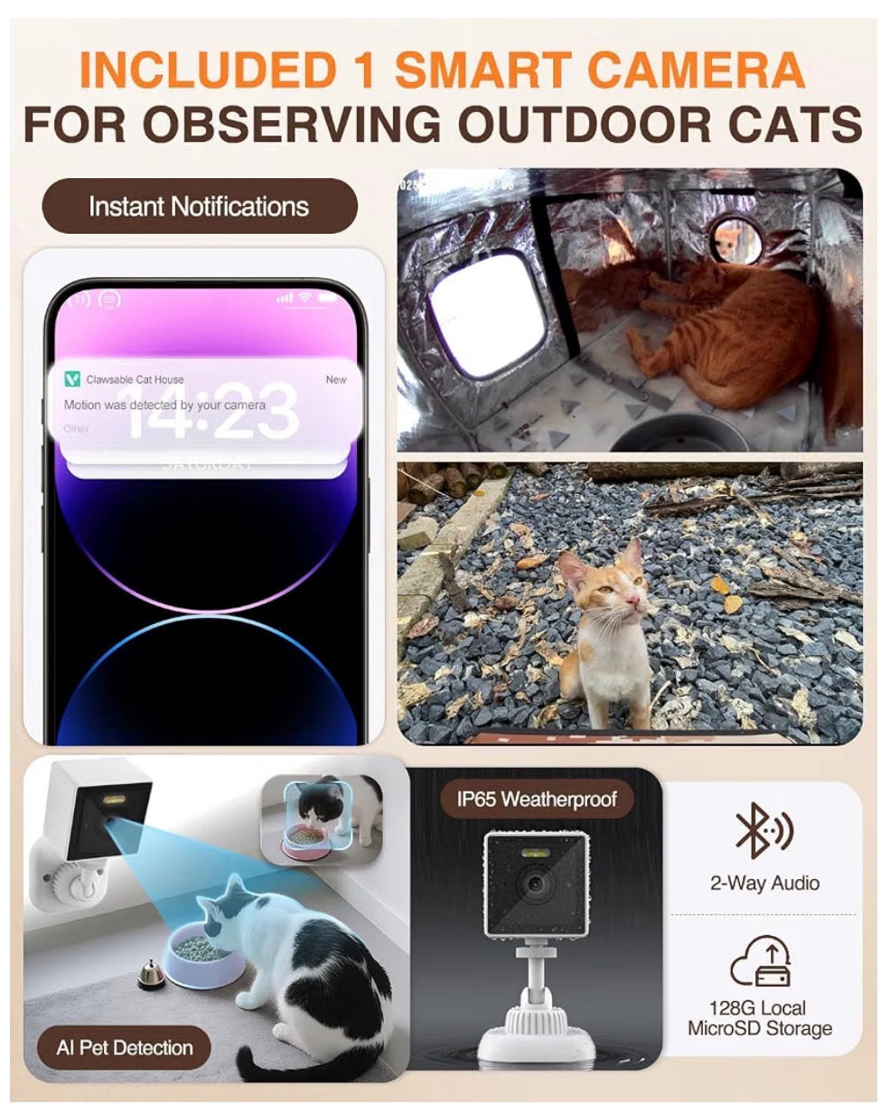 Heated Waterproof Insulated Cat House with Camera & Escape Door (25.5"x16"x18")