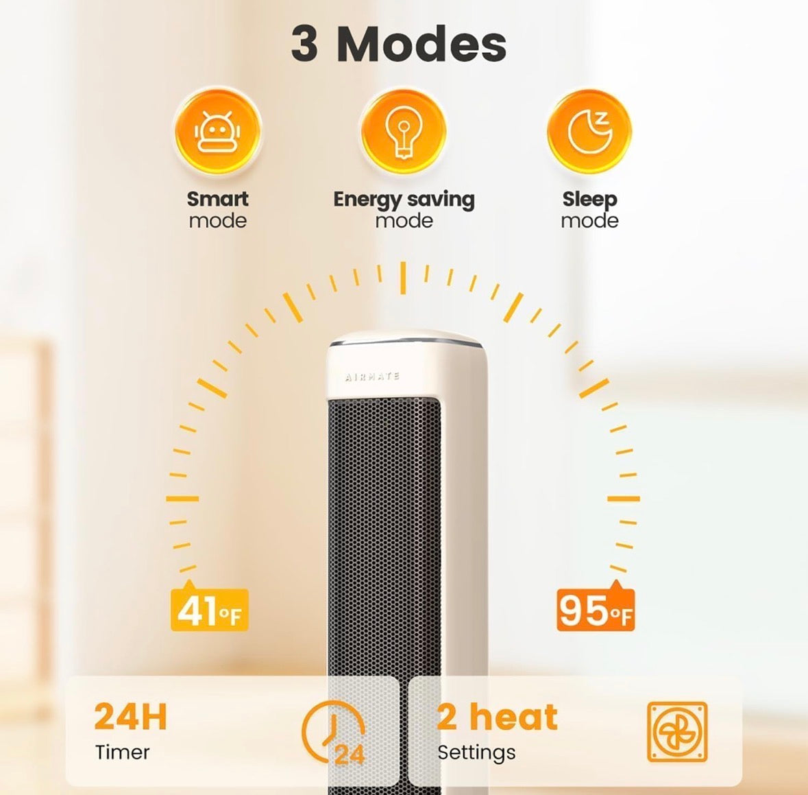 AIRMATE 1500W PTC Ceramic Tower Heater Remote Oscillating 24hr Timer Beige-NEW!!