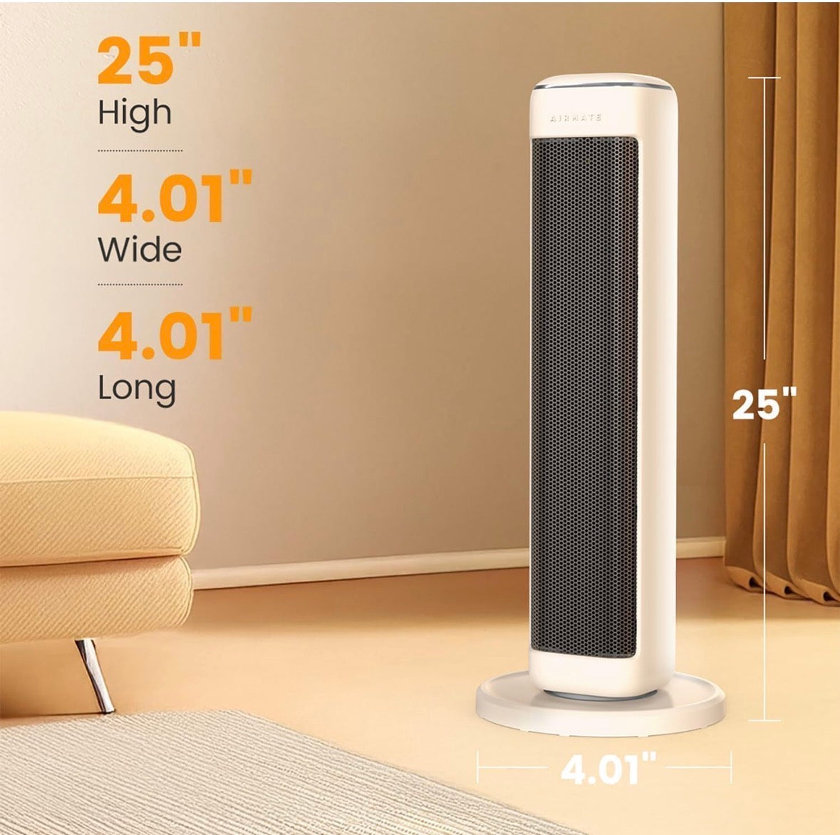 AIRMATE 1500W PTC Ceramic Tower Heater Remote Oscillating 24hr Timer Beige-NEW!!