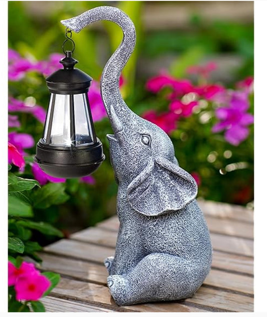 Elephant Statue for Garden Decor with Solar Outdoor Lights-11 Inch-Gray