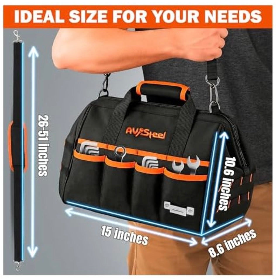 AV Steel Tool Bag — 15in., 16 Pockets, Heavy-Duty Oxford 1680D, Waterproof, Adjustable Shoulder Strap, Model# AV-700100